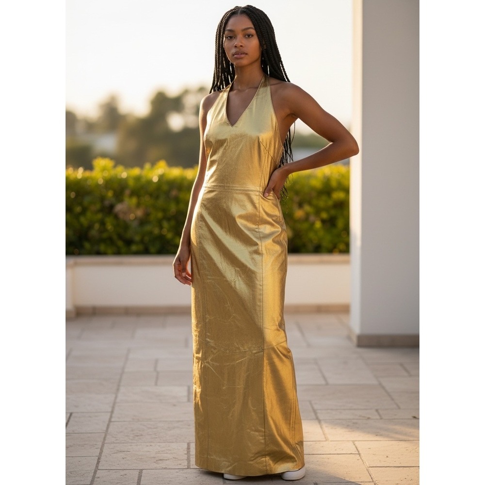 Vintage Tower Hill Gold Metallic Leather Halter Maxi Dress 14 Glam 80s 90s